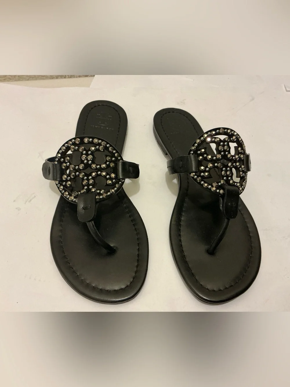 Tory Burch Black Crystal Logo Toe-Post Sandals 7.5M